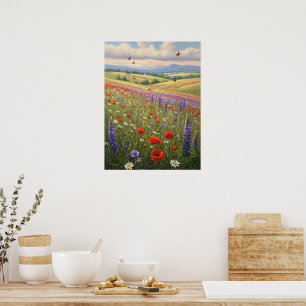 Affiche Peinture artistique de paysage de prairie fleurie