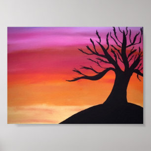 Affiche Peinture au coucher du soleil calme avec arbre