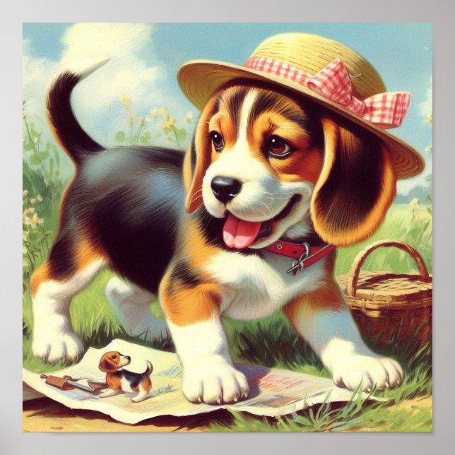 Affiche Peinture Beagle sur chiot (Devant)