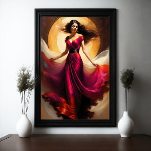 Affiche Peinture Belle Femme Superbe Robe Rouge II
