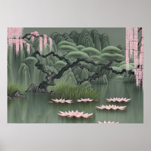Affiche Peinture Chinoise D'Un Étang Aux Fleurs De Lotus