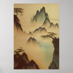 Affiche Peinture Chinoise Montagnes Et Cascade