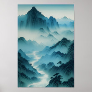 Affiche Peinture chinoise Paysage Turquoise bleu humide
