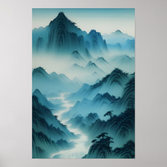 Affiche Peinture chinoise Paysage Turquoise bleu humide (Devant)
