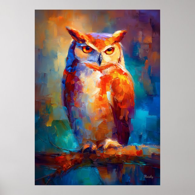 Affiche Peinture colorée de chouette impressionniste fauni (Devant)