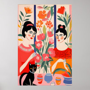 Affiche Peinture Colorée de Deux Dames Buvant du Thé