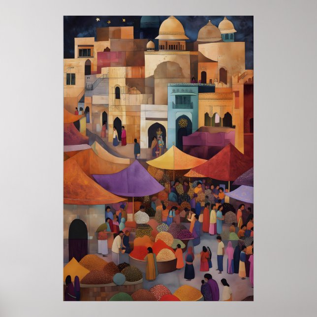 Affiche Peinture colorée du marché traditionnel indien (Devant)