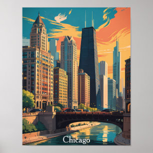 Affiche Peinture colorée vintage de la skyline de Chicago