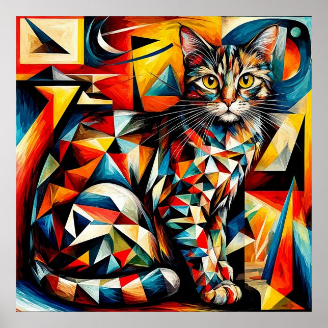 Affiche Peinture cubiste abstraite de chat (Devant)