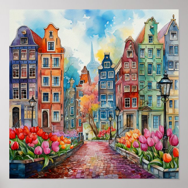 Affiche Peinture d'aquarelle Amsterdam Pays-Bas (Devant)