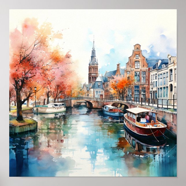 Affiche Peinture d'aquarelle Amsterdam Pays-Bas (Devant)