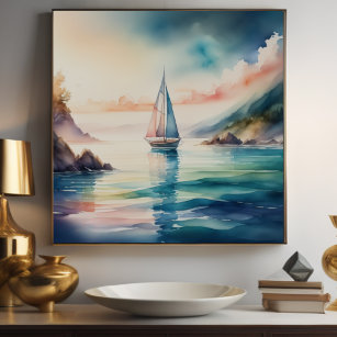 Affiche Peinture d'aquarelle Bateau à voile sur l'eau 1:1
