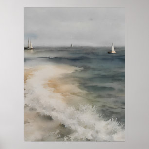 Affiche Peinture d'aquarelle côtière avec voiliers - vinta