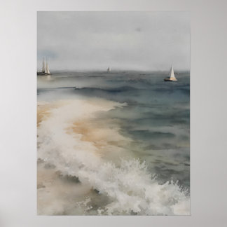 Affiche Peinture d'aquarelle côtière avec voiliers - vinta