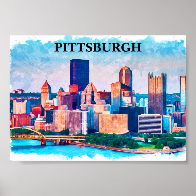 Affiche Peinture d'aquarelle de Pittsburgh Cityscape (Devant)