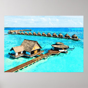 Affiche Peinture d'aquarelle du complexe des Maldives