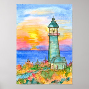 Affiche Peinture d'aquarelle du phare Sunrise Ocean