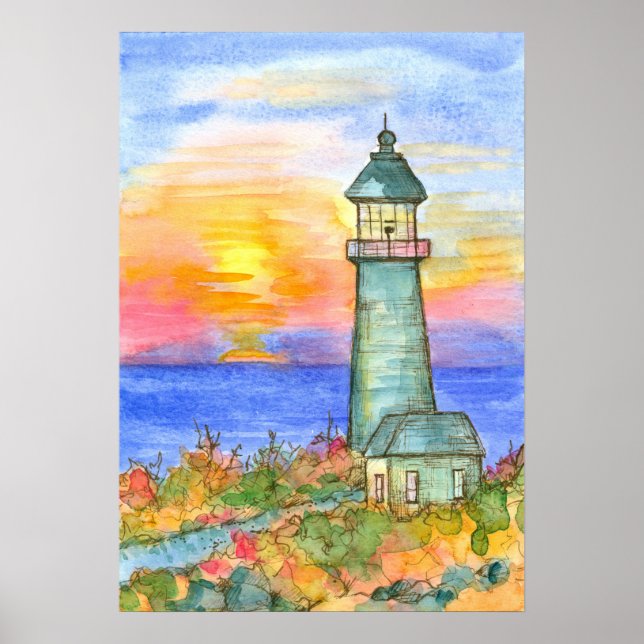 Affiche Peinture d'aquarelle du phare Sunrise Ocean (Devant)