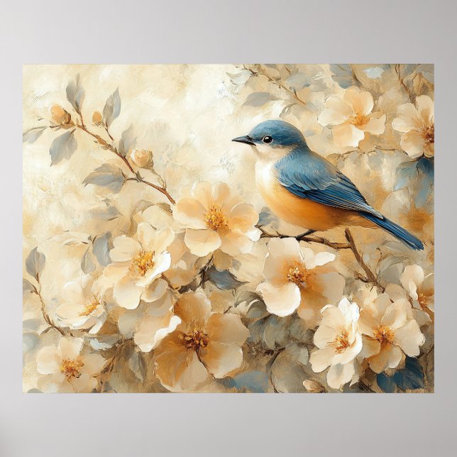 Affiche Peinture d'arbre en fleurs avec oiseau bleu (Devant)