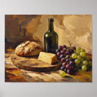 Affiche Peinture d'art abstrait Pain Fromage Raisins Vin