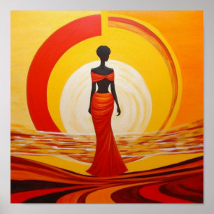 Affiche Peinture d'art féminin jaune chaud orange rouge d'