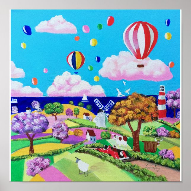 Affiche Peinture d'art populaire - bord de mer heureux (Devant)