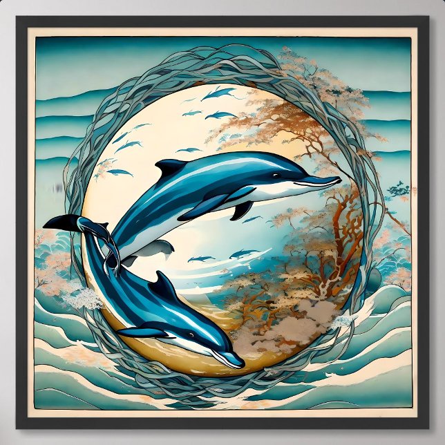 Affiche Peinture dauphin avec algue Cercle bleu Harmonie (Dolphin Painting with Seaweed Circle Blue Harmony)