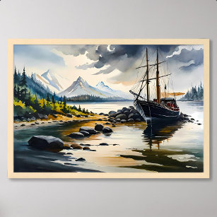 Affiche Peinture de bateau de pêche au milieu de la rivièr