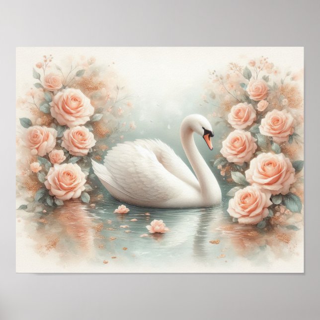 Affiche Peinture de beau cygne et de roses (Devant)