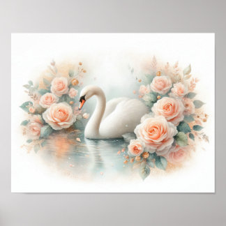 Affiche Peinture de beau cygne et de roses