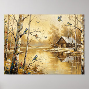 Affiche Peinture de cabane dans une forêt de bouleaux