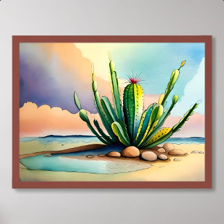 Affiche peinture de cactus luxuriante près de roche source