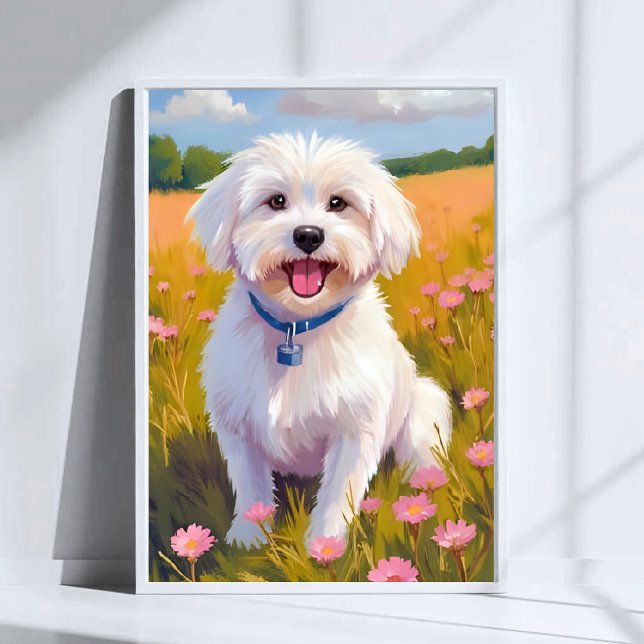 Affiche Peinture de champ de fleurs de chien maltais (Créateur téléchargé)