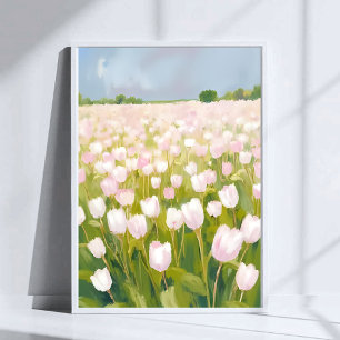 Affiche Peinture de champ de fleurs de tulipes blanches à