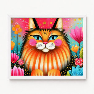 Affiche Peinture de chat Maine Coon rose et orange aux yeu