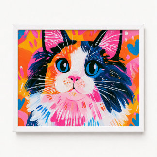 Affiche Peinture de chat Maine Coon rose et orange colorée