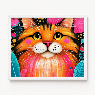 Affiche Peinture de chat Maine Coon rose et orange Cute Pe