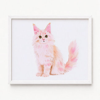 Affiche Peinture de chat Maine Coon rose pastel