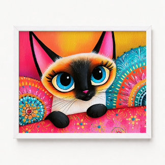 Affiche Peinture de chat siamois rose et orange Cute Peek
