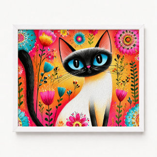 Affiche Peinture de chat siamois rose et orange florale