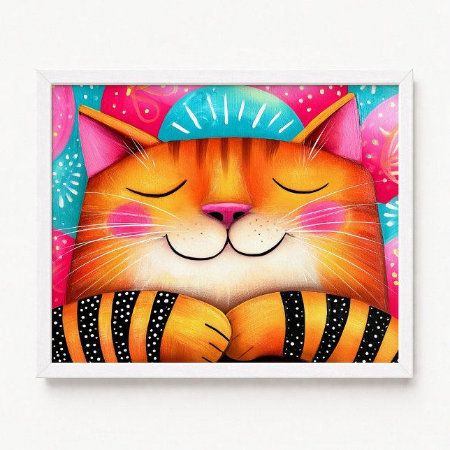 Affiche Peinture de chat tabby endormi rose et orange (Pink and Orange Sleepy Tabby Cat Painting Poster)