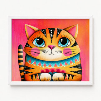 Affiche Peinture de chat tigré rose et orange aux yeux ble