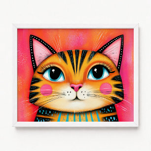 Affiche Peinture de chat tigré rose et orange girly