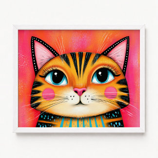 Affiche Peinture de chat tigré rose et orange girly