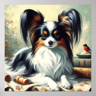 Affiche Peinture de chien Papillon vintage