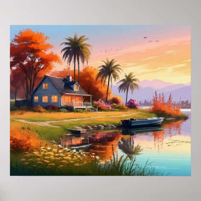 Affiche Peinture de coucher de soleil nature avec lac, Cot (Devant)