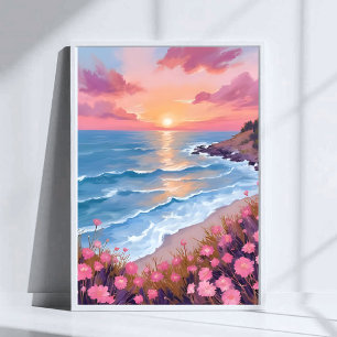 Affiche Peinture de fleurs aquarelle au coucher du soleil