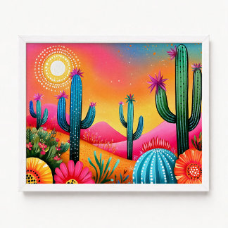 Affiche Peinture de fleurs de cactus Saguaro rose orange