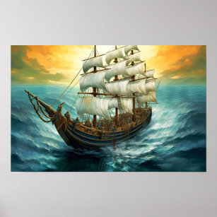 Affiche Peinture de gros voilier sur une mer bleue