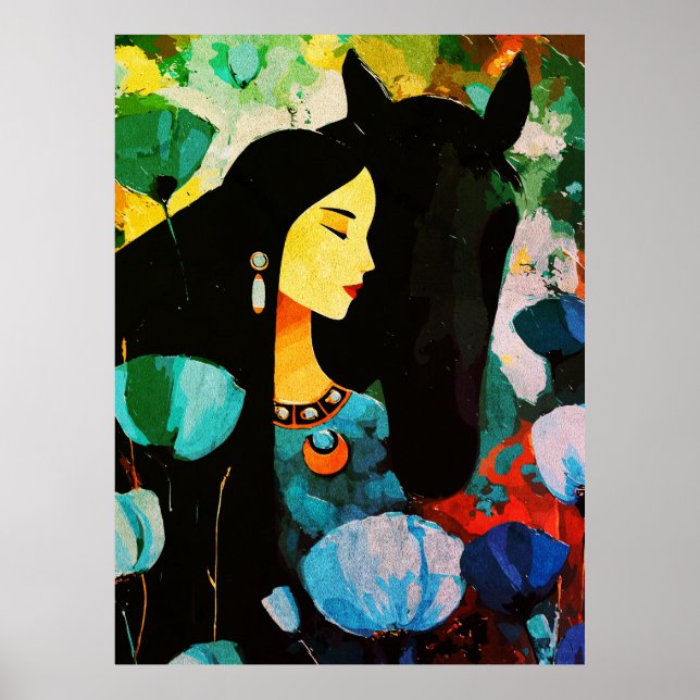 Affiche Peinture de la Femme Turquoise et du Cheval (Devant)
